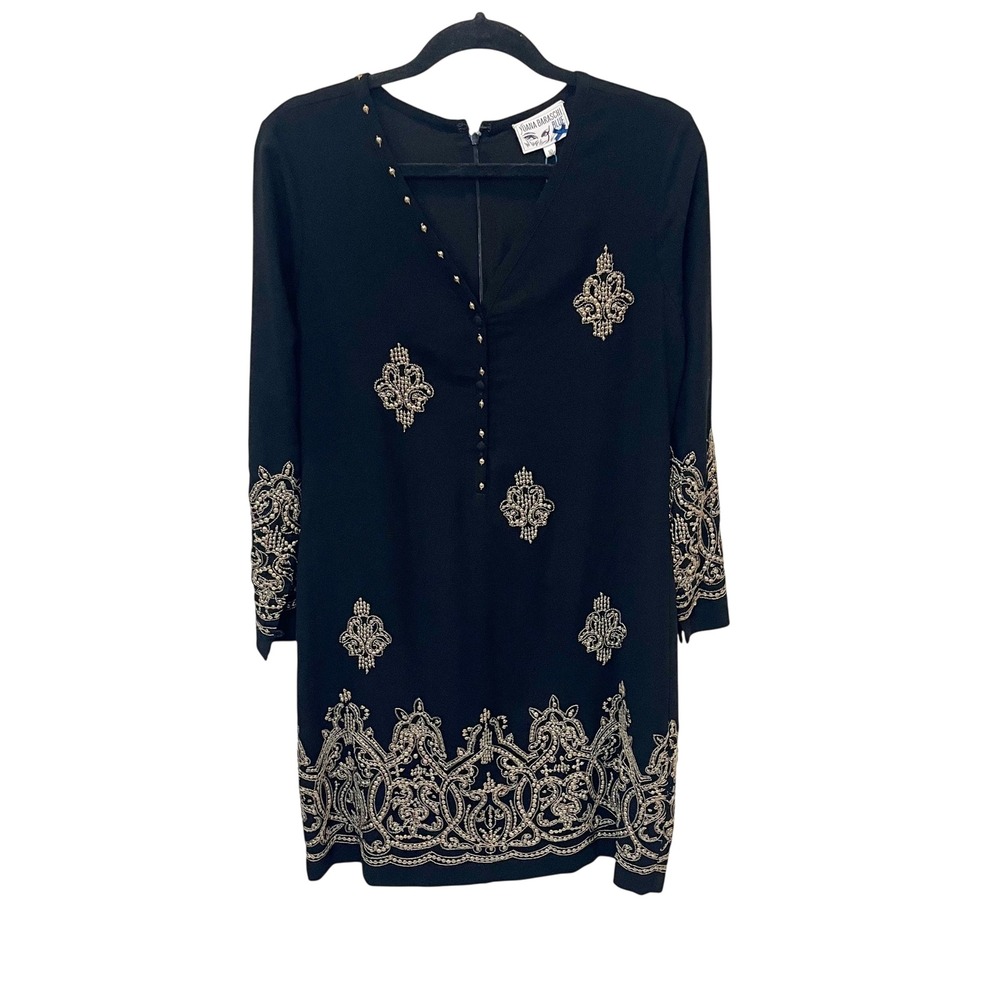 NEW Yoana Baraschi Blue Black Gold Embroidered Sequin Shift Dress - Size 10